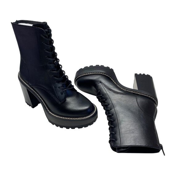 Madden Girl Size 8.5 Black Leather Heeled Combat Boots With Lug Sole Side Zipper - Picture 3 of 11